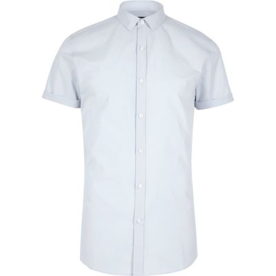 Light blue micro collar short sleeve shirt